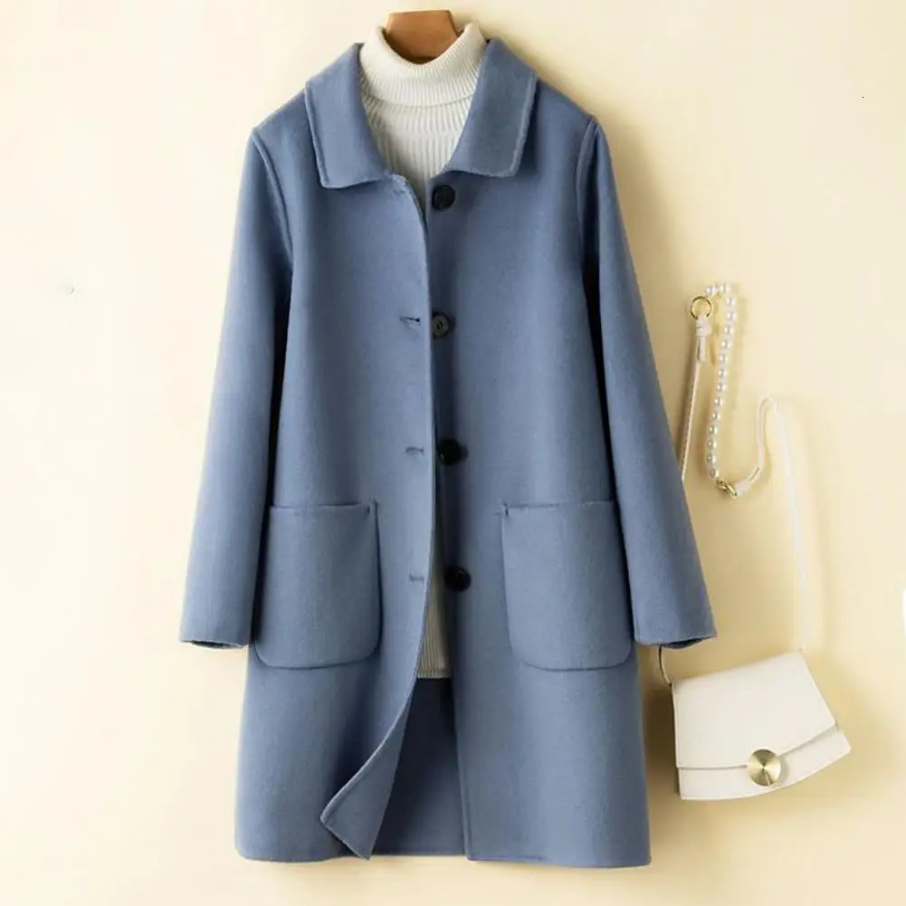 Womens Long Sleeve Wool Blend Coat Winter PocketsThickened Woolen Cardigan Jacket Fashion Pockets Coldproof 2023 241025Z