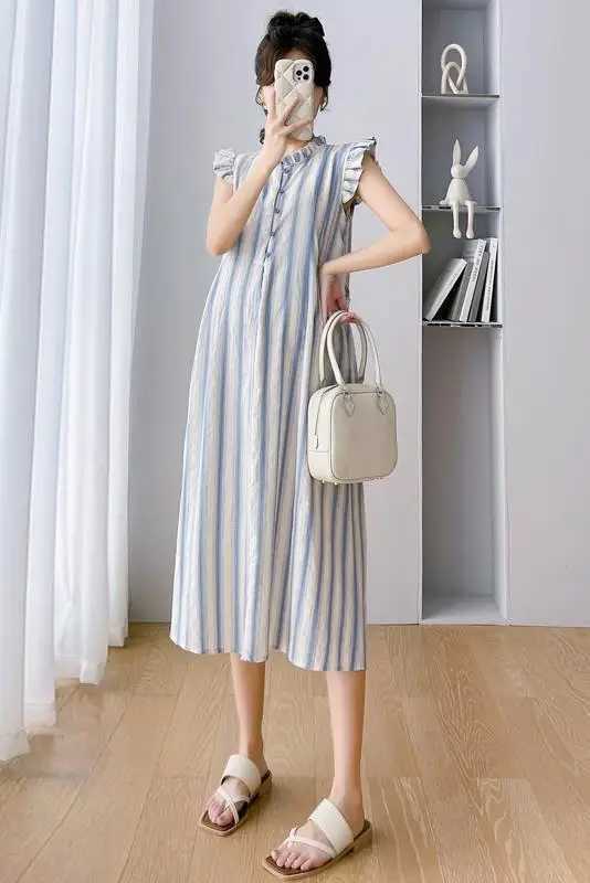 2024 Summer Pregnant Womens Striped Long Dress Petal Sleeve Cotton Linen Dress Sweet Sleeveless Pregnant Women A-line Dress W241026