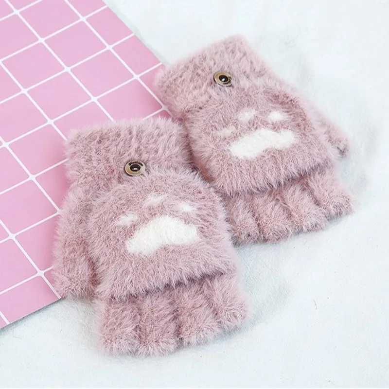 Thick Womens Warm Cat Gs Fashion Girl Cat Cl P Plush Gloves Soft Plush Short Finger Half Finger Winter Gs W241026