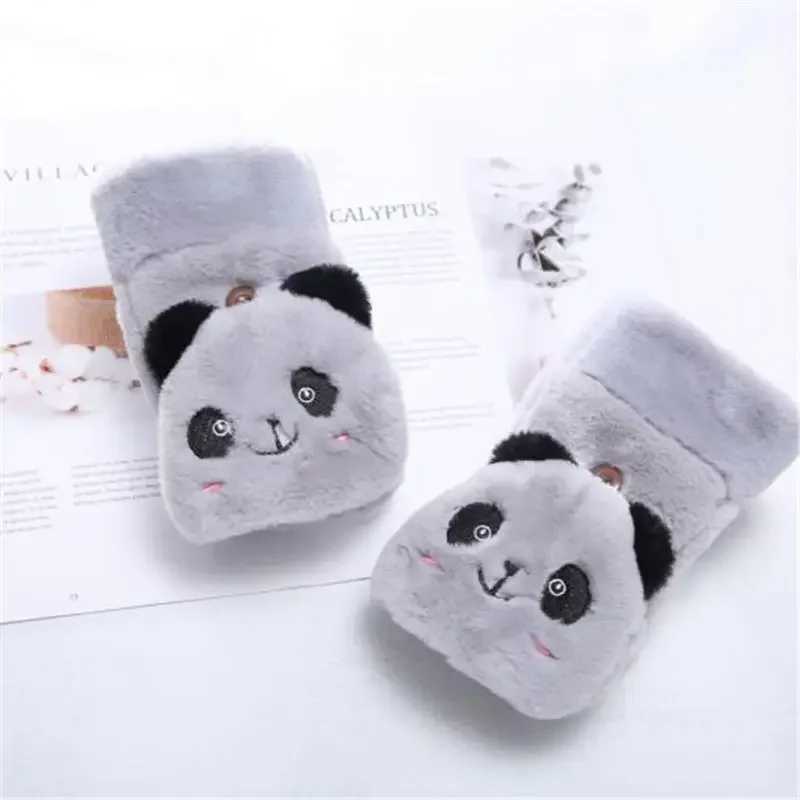 Fashionable womens plush warm G fur cat gloves with lapel fingers G soft girl thick G flexible half finger winter W241026