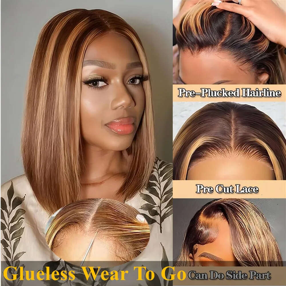 14 Inch Wear And Go Glueless Bob Human Hair Plucked Pre Cut P4/27 Highlight Blonde 6X4 Lace Closure Straight Wigs Short
