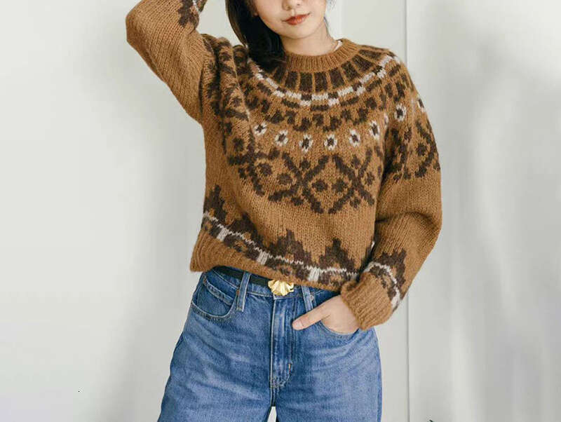 2024 Autumn/Winter Old Money Style Fair Island Jacquard Hooded Sweater For Women+Trumpet Jeans Two Piece Sets Womens Outifits