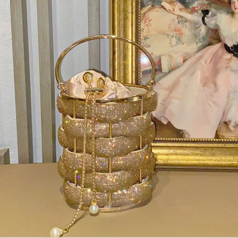 Womens rhinestone bucket bag womens clutch bag womens boutique multi-color crystal hollow metal wallet and handbag wedding 241025