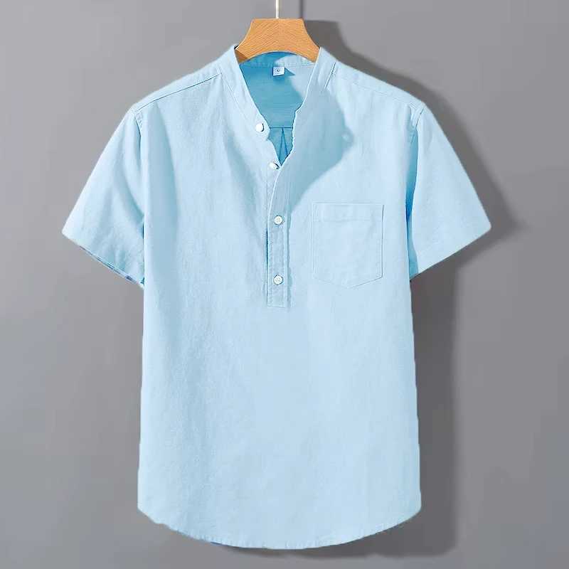 Summer stand up collar solid color short sleeved Slve cotton shirt fashionable breathable loose youth basic pocket top W241026