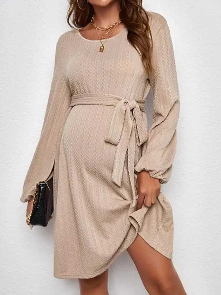 Pregnant womens jacquard knitted fluffy sleeve dress with pregnant belt spring and autumn womens clothing W241026