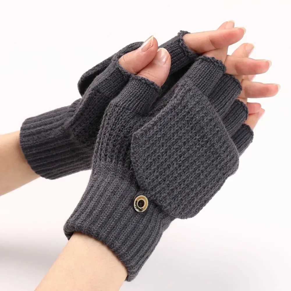 1 pair of knitted thick flap Gs classic solid color exposed Gs soft crochet finger gloves winter warm gloves W241026