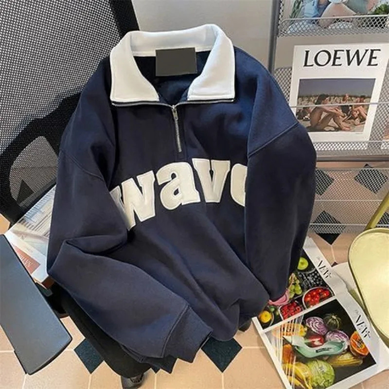 Mens Polo Shirts Retro Turndown Collar Half Zipper Sweater Womens Autumn Loose Long Sleeves Letter Print Chic Tops Tees 241025