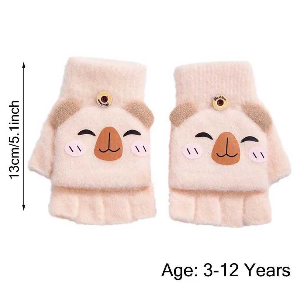 Cybara Kids Winter Gs Mink Thick Student Half Finger Collar Gs Cartoon Boys and Girls Warm Knitted Gloves W241026