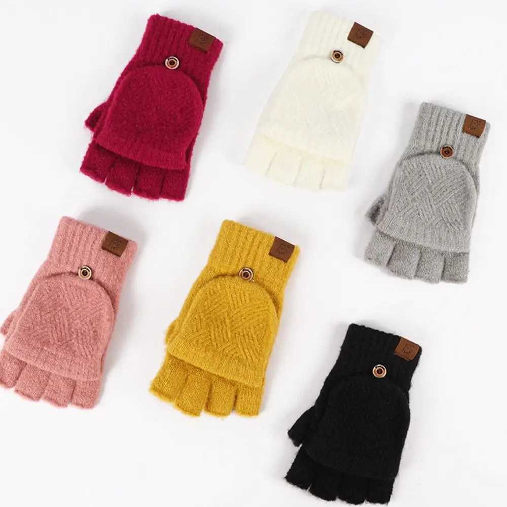 Womens winter warm Gs thick wool Gs knitted flip cover finger exposed finger thick Gs no finger gloves W241026
