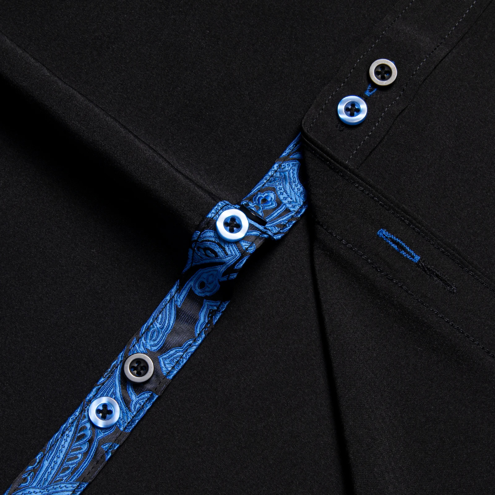 Mens Polyester Cotton Solid Black Shirts Long Sleeve Blue Paisley Patchwork Social Casual Dress Shirt Elegant Men Clothing 241025