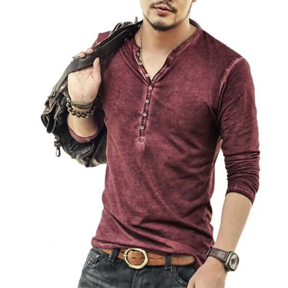Long Sleve Mens T-shirt Solid Color Casual V-neck Thin Button Mens Clothing Casual T-shirt W241026