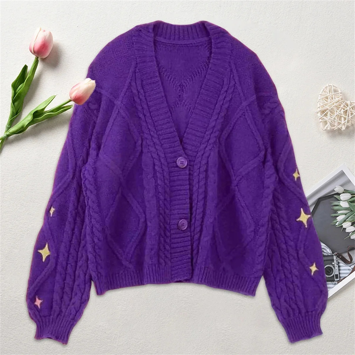 Knit Print Winter Cardigan Sweater Chic Vintage Star Preppy Long Sleeve Autumn V Neck Aesthetic Retro Single Breasted Sweaters 241025