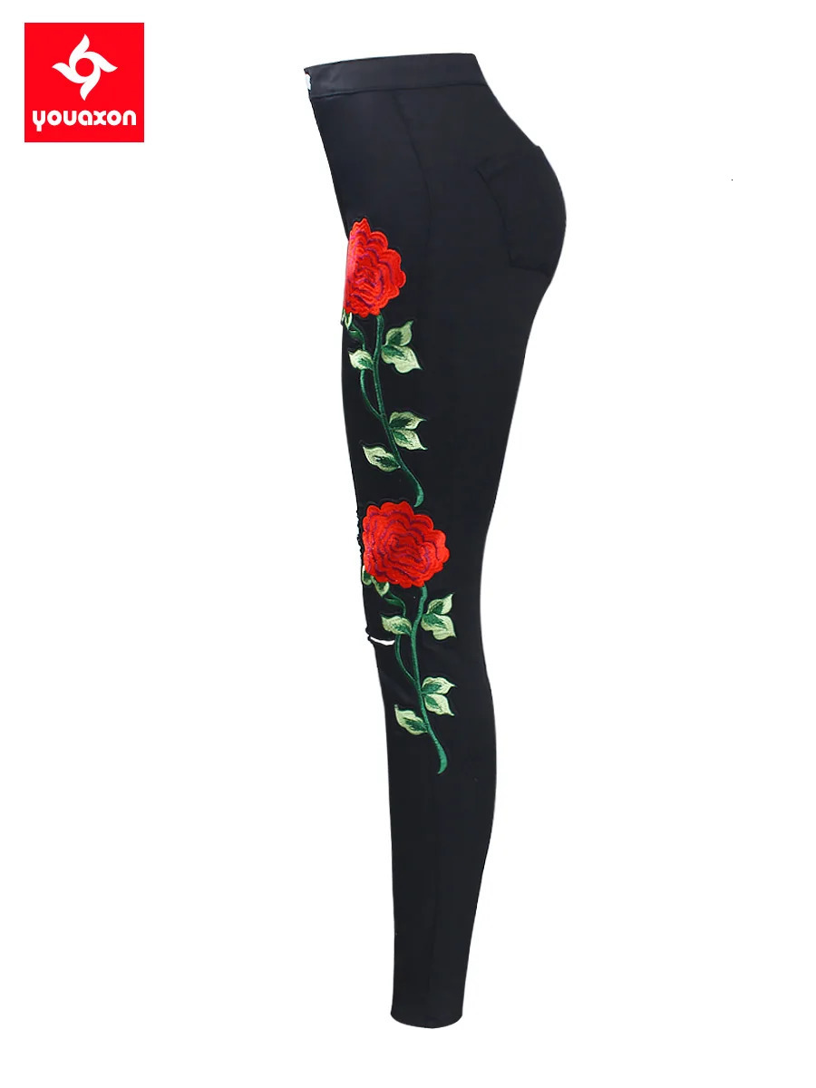 2102 Youaxon Black Embroidery Ripped Knees Jeans Women's High Waist Stretchy Denim Pants Skinny Pencil Woman 241025