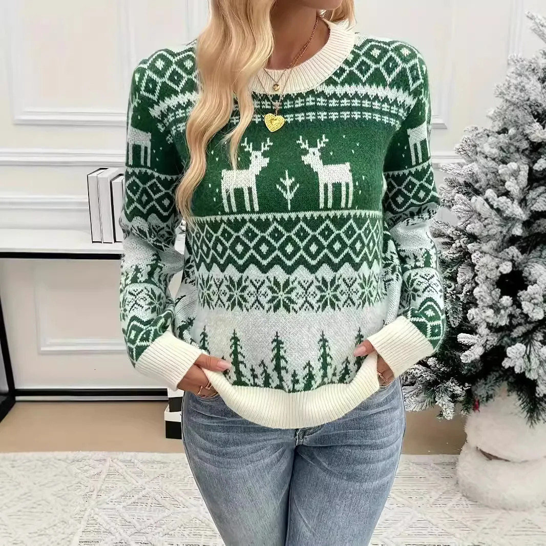 Women Jacquard Christmas Sweater Winter Clothes Loose Long Sleeve ONeck Knitted Sweaters Lady Pullover Green Sweter Streetwear 241025