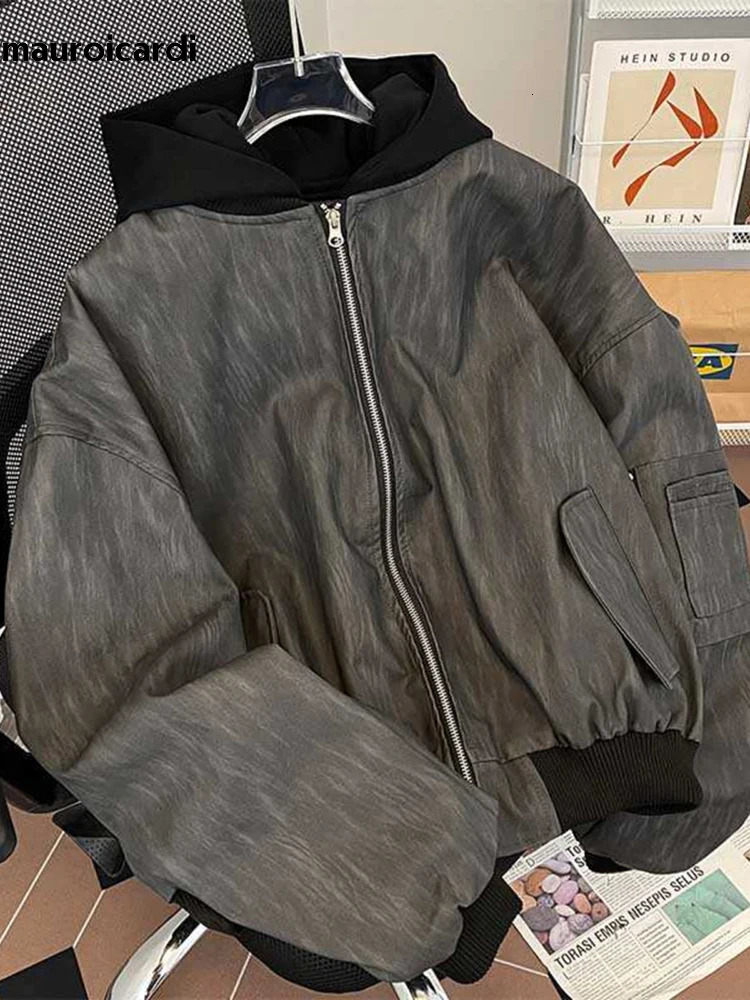 Mauroicardi Spring Autumn Cool Vintage Distressed Pu Leather jacket Men Zipper 2 Piece y ner Clothes Hoodie 241025