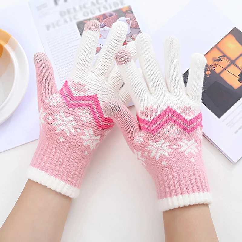 New Womens Knitted Gs Christmas Snowflake Printed Wool Gs Winter Warm Knitted Neutral Riding Work Gloves W241026