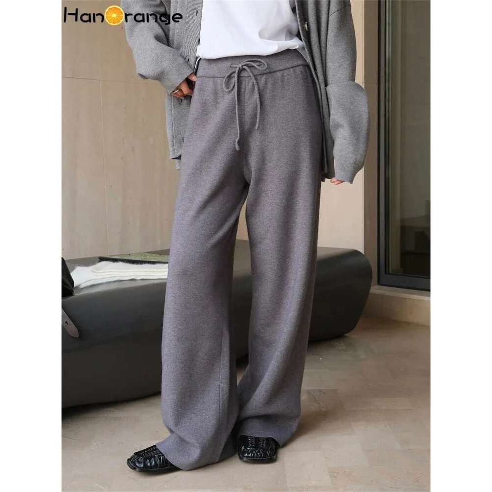 Hanorange 2024 Autumn Winter Lazy Straight Knitted Wide Legs Pants Soft Comfortable Or Dragging Trousers Grey/Apricot