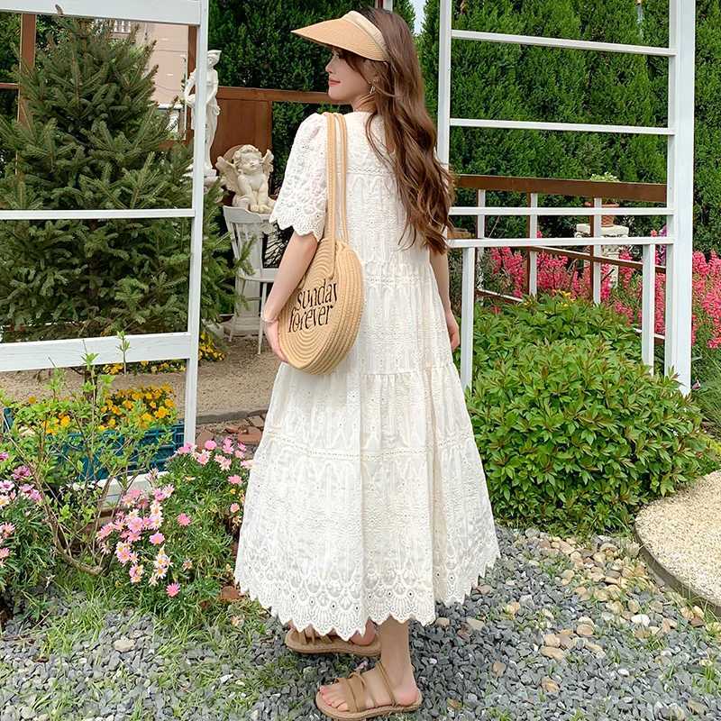 2024 Pregnant Womens Lace Dress Summer Short Sleeve O-Neck Hollow Pregnant Womens Cotton Dress Sweet Long Loose Princess Dress W241026