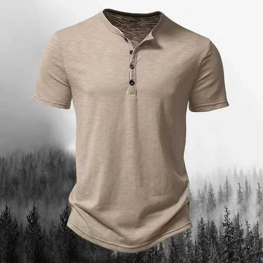 Henley Collar Mens Casual Solid Color Short Sleeve Slip Mens Shirt Slub Cotton High Neck Mens T-shirt Strtwear New Style W241026