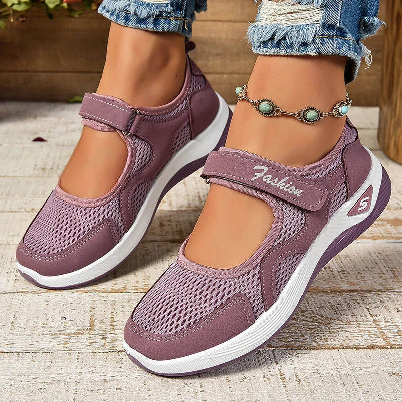 2024 Autumn Womens Shoes Hook and Loop Breathable Mesh Flat Sports Shoes Soft and Wear Resistant Inkless Running Shoes 241024