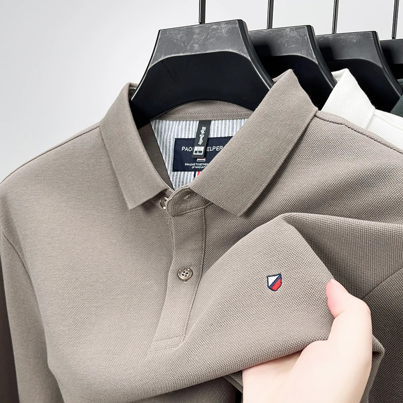 Autumn and Winter Mens Pure Cotton Embroidery Casual Fashion Waffle Longsleeved POLO Shirt Korean Version of Allmatch Collar 241025