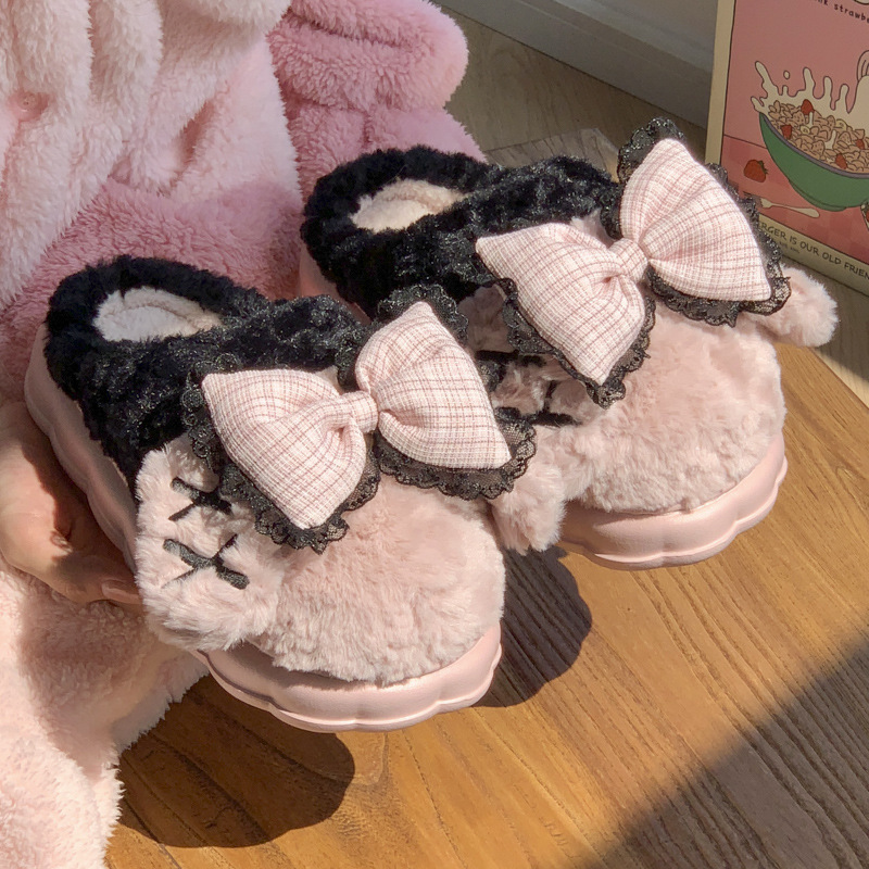 Cozy Cartoon Bow Cotton Winter Indoor Home Use | Thick Anti-Slip Warm Slippers for Women 6096
