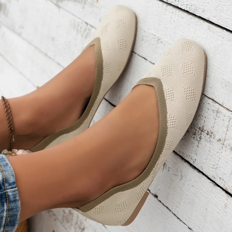 Casual Breathable Ballet Flat Shoes for Women Square Flat Shoes Solid Color Knitted Sliding Shoes for Women Q20 241024