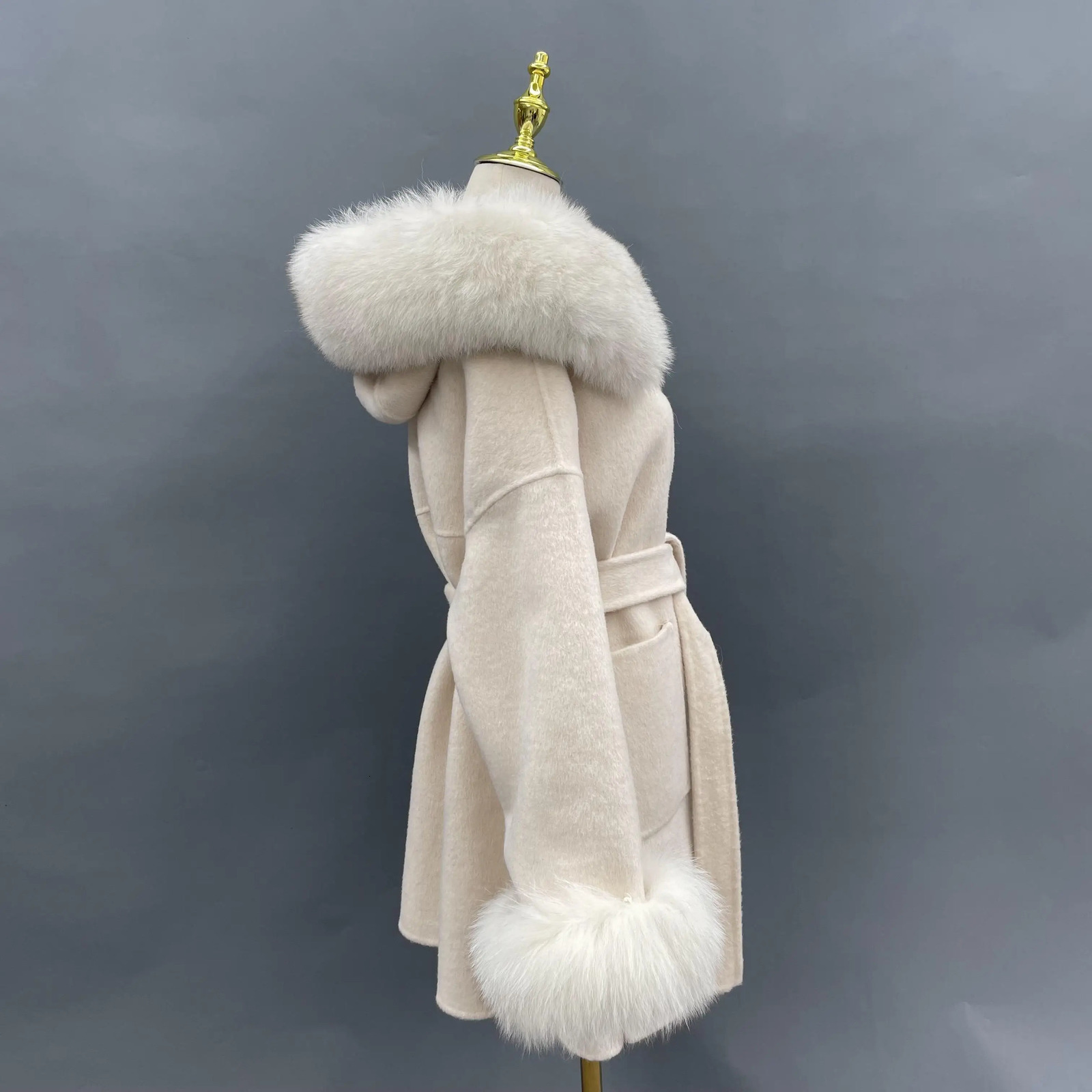 MISSJANEFUR Wool Coat with Real Fur Collar Cuff Women 2023 Fashion Belted Cashmere Coats Warm Winter Hooded Trench Peacoat 241025