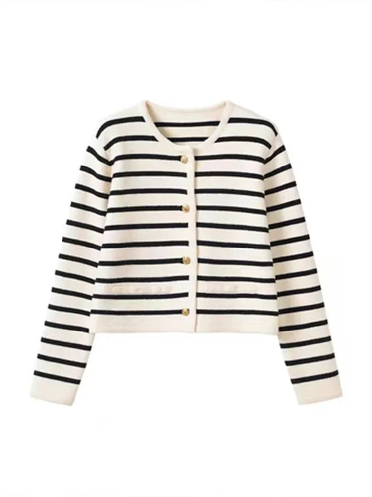 Women Spring Autumn Sweaters Oneck Stripe Knitted Cardigan Fashion Long Sleeve Casual Short Tops Korean Style y241025