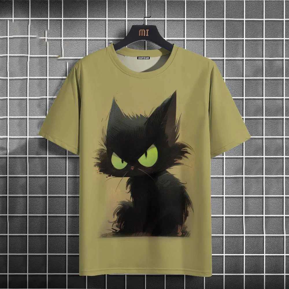 Mens casual T-shirt funny animal black cat short Slve T-shirt summer oversized T-shirt hip-hop sportswear mens clothing top W241026