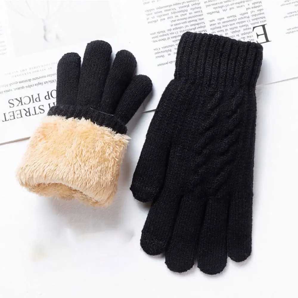 Solid color cashmere finger gloves Gs for boys and girls in winter Gs Soft warm black double-layer mens thick Gs W241026