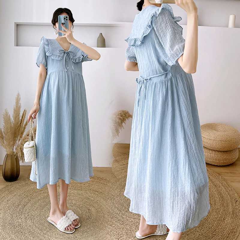 Cute pleated O-neck pregnant A-line dress 2024 summer Korean fashion elegant pregnant womens clothing W241026
