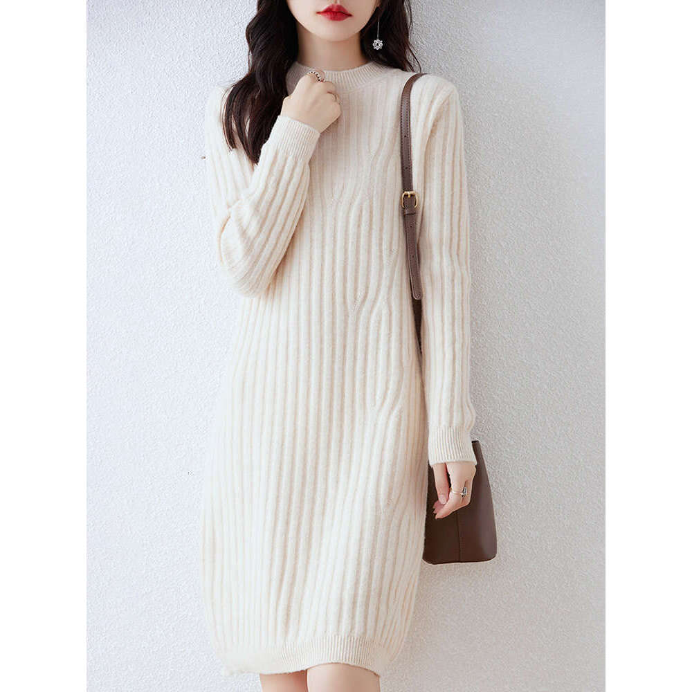 High Quality Women's Pullover Knee-Length Autumn Winter Mock-Neck Sweater 100% Merino Wool Knitwear Cashmere Thick Dress