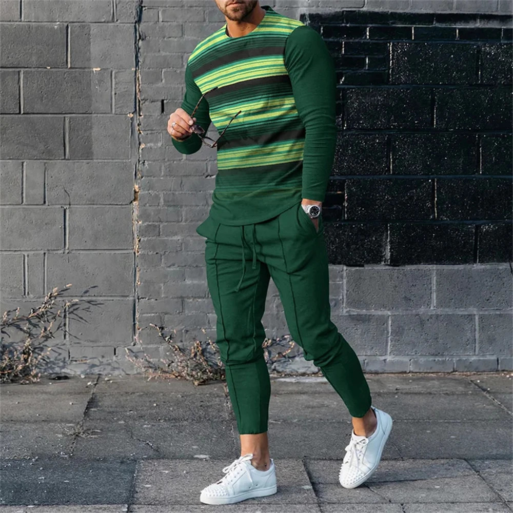 Dark Green Stripes Y2K Men Spring AutumnRound Neck Tracksuit Casual Long Sleeve TShirtPants Suit 2Pcs Set Man Clothes 241025