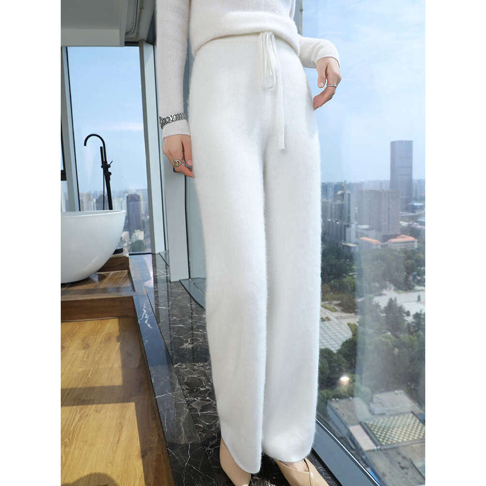 2024 Women 100% Mink Wide-Leg Autumn Winter Warm Cashmere Knitted Pants Elasticated Waist Trousers