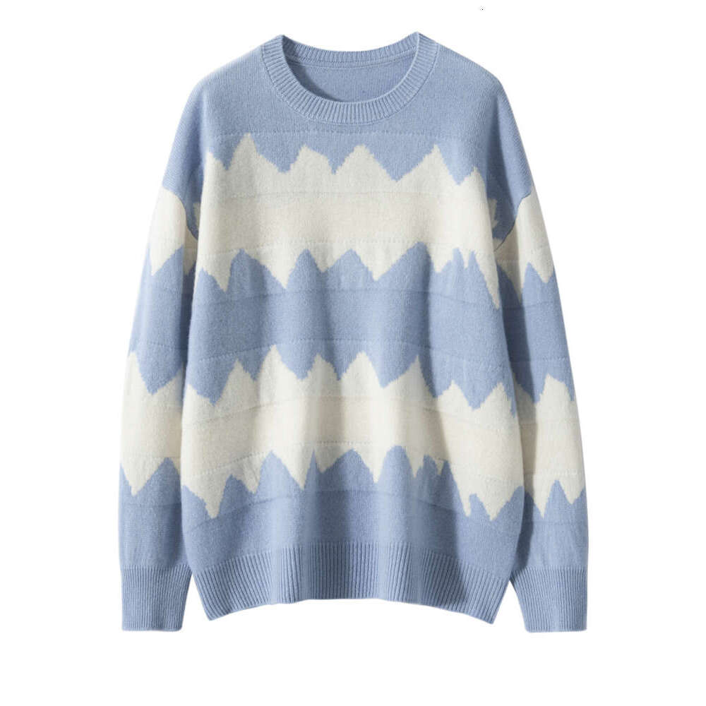 New 100% Knitwear Women's O-Neck Sweater Zigzag Striped Pullover Casual Loose Style Autumn Winter Thick Cashmere Tops