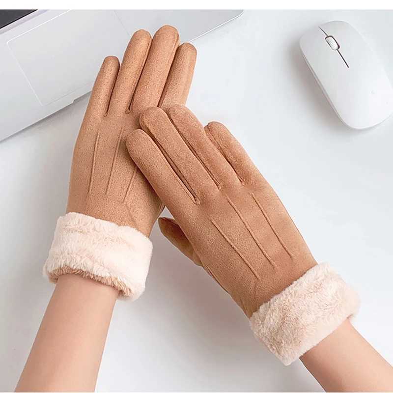 Winter suede leather bicycle Gs Autumn thick womens warm velvet plush gloves Womens outdoor touch screen driving Gs W241026