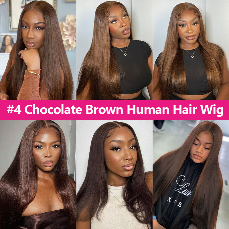 Brazilian Straight #4 Chocolate Brown Glueless Preplucked 6x4 HD Lace Closure Wig Human Hair Ready To Wear On Sale For Women