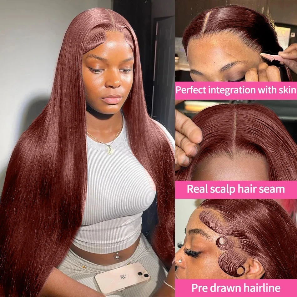Reddish 4x4 Closure Wigs Human 180% Density Straight Copper Red Lace Front Wig Auburn Brown Brazilian Hair