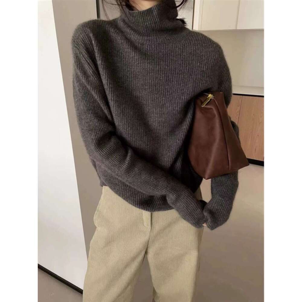 Thick Turtleneck 100% Cashmere Knitwear Women's Autumn And Winter Loose Pile Neck Sweater Pure Wool Base Top