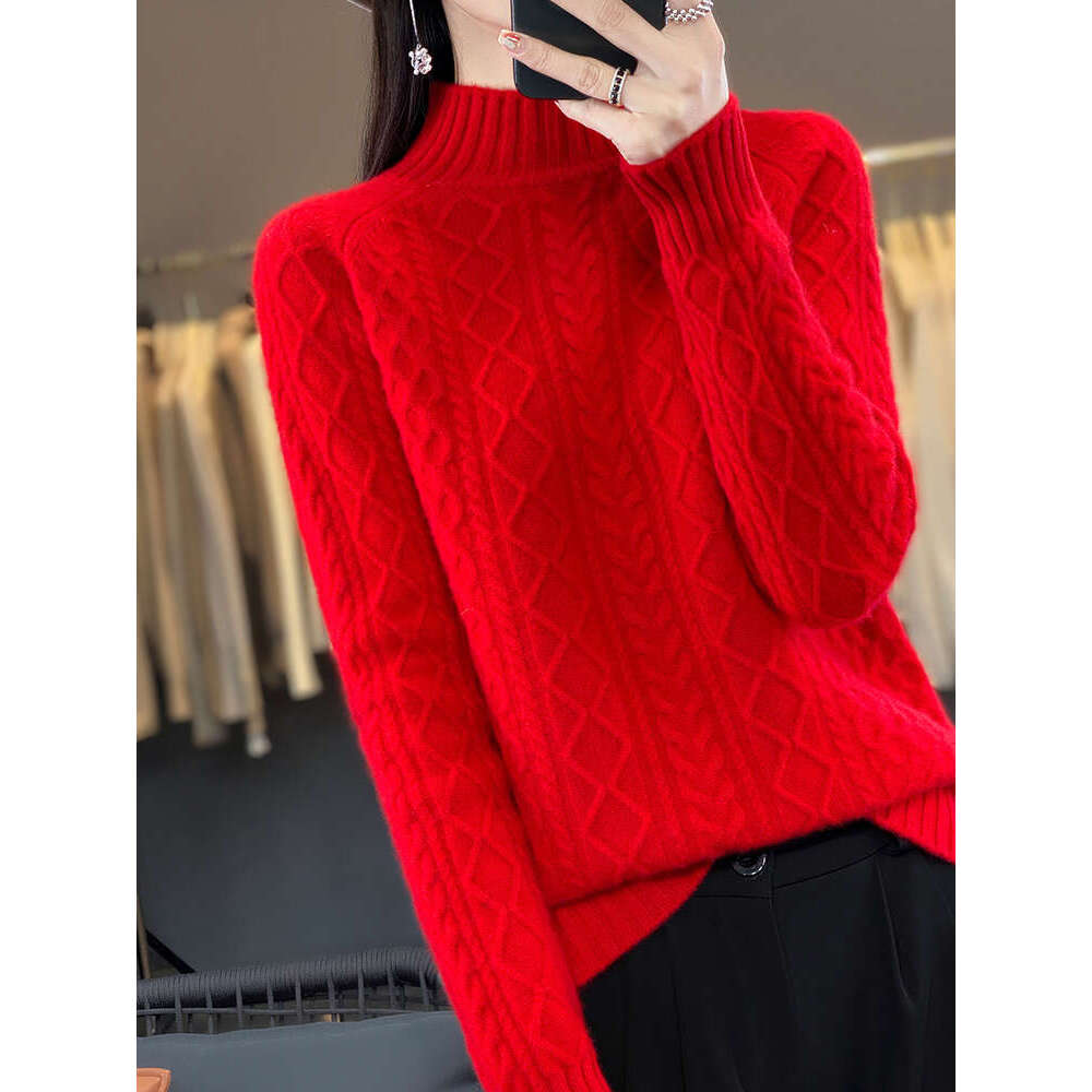 Women Sweater Twist Wer Mock Neck Pullover Autumn Winter 100% Merino Wool Basic Long Sleeve Cashmere Knitwear Fashion