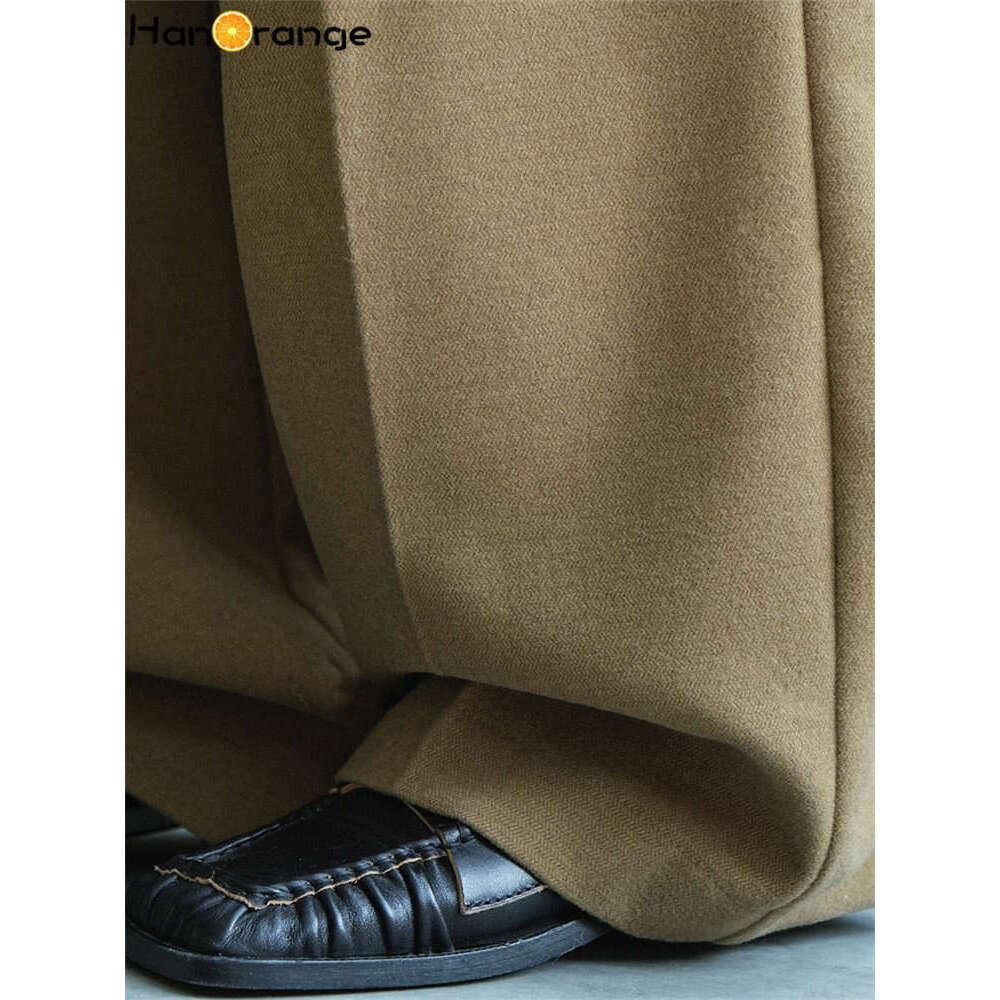 Hanorange 2024 Autumn Winter Simple High Waist Double Pleated Wide Leg Pants Women Loose Casual Trousers Female White/Brown