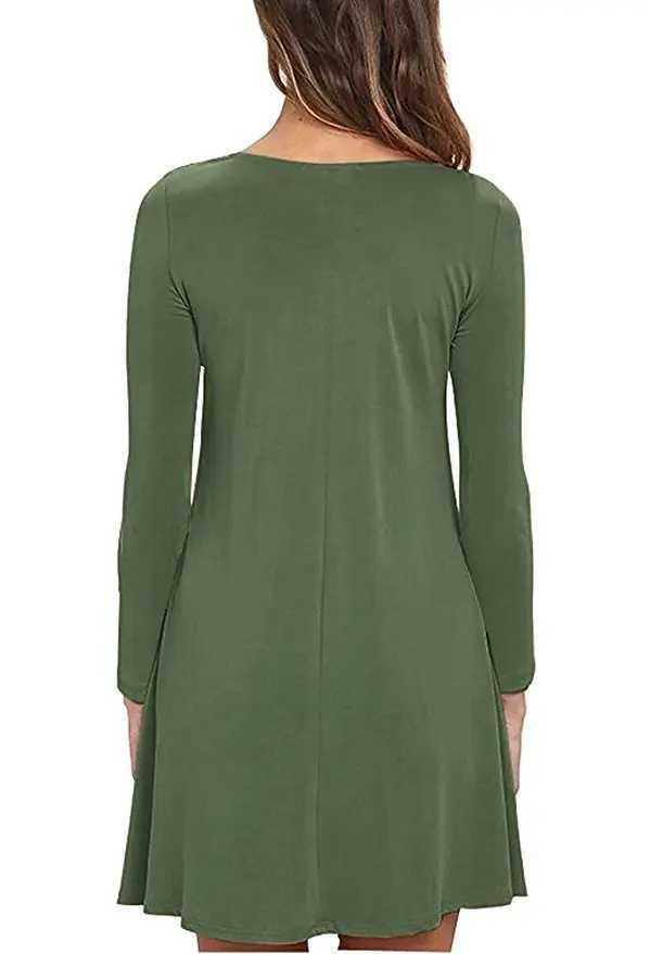 Womens autumn long sleeved round neck flat neck T-shirt dress solid color pleated swing casual loose zipper streetwear with pocket W241026