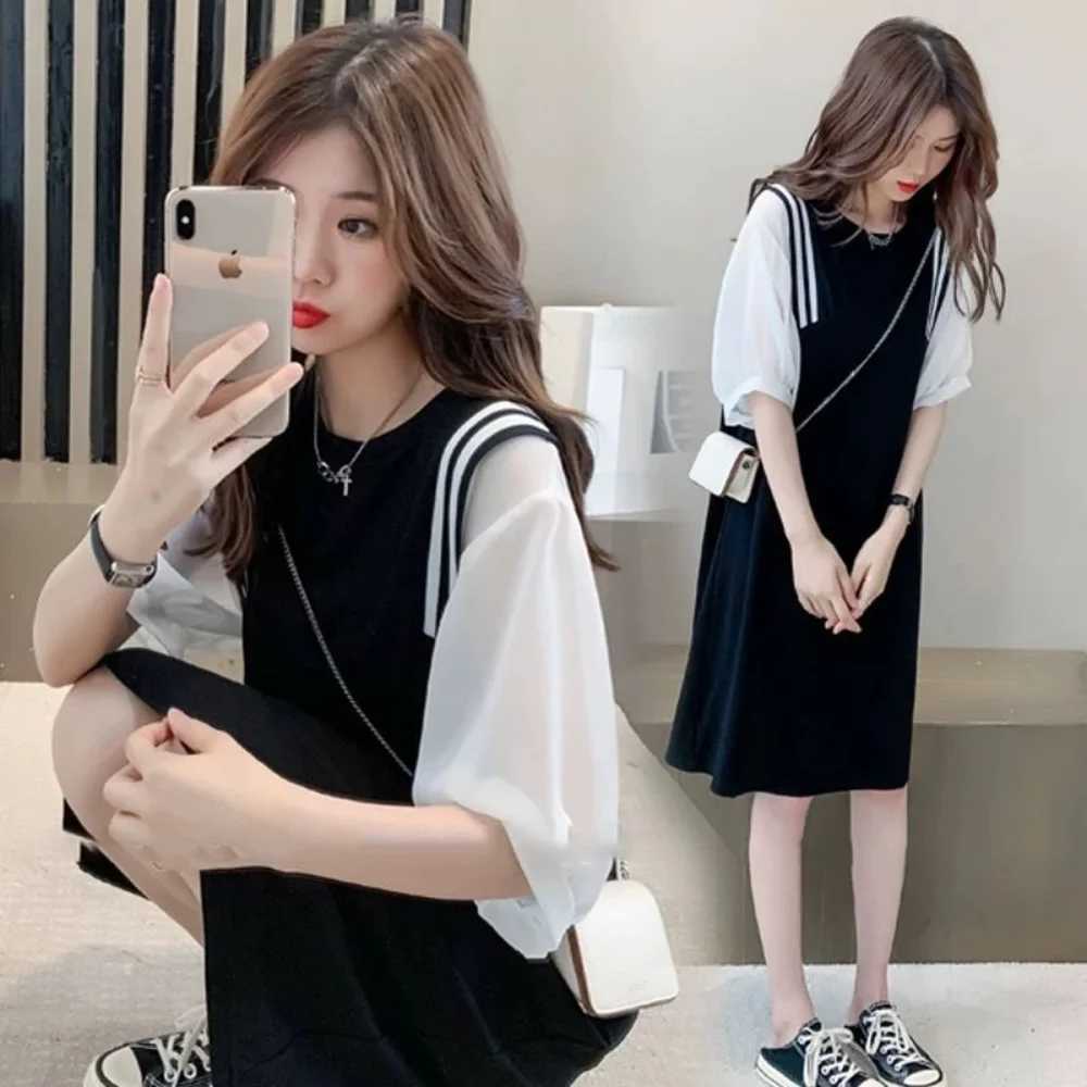 New maternity clothing set summer short sleeved Koto top shoulder strap chiffon dress diagonal loose maternity dress W241026