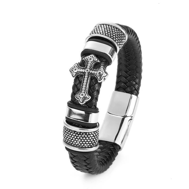 handmade PU woven cross men's leather bracelet trend