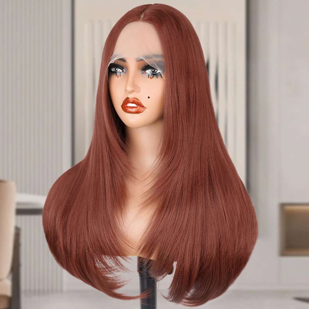 Reddish Brown Layered Cut Wig Copper Red Straight Lace Front For Women Synthetic 13X4 Glueless T Part Heat Resistant Wigs