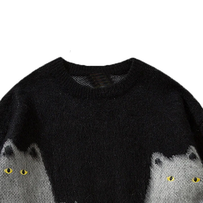 Womens Autumn And Winter Black Cat Sweater Unisex Round Neck Casual Knitted Pullover 241025