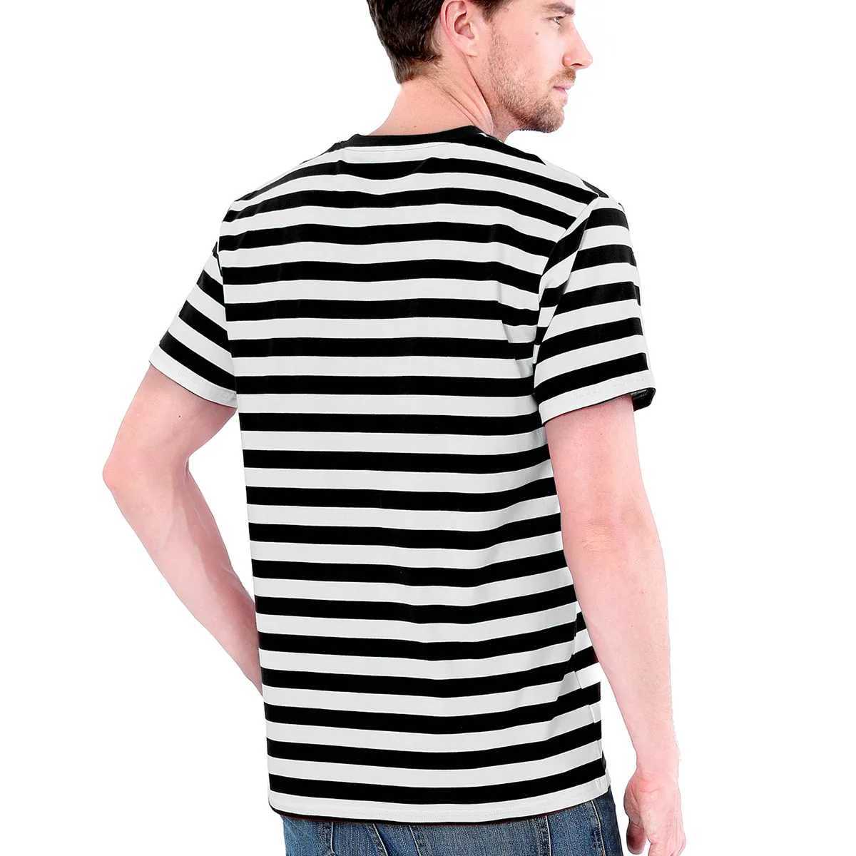 Black and white striped mens pure cotton short sleeved casual basic T-shirt summer fashion Japanese clothing W241026
