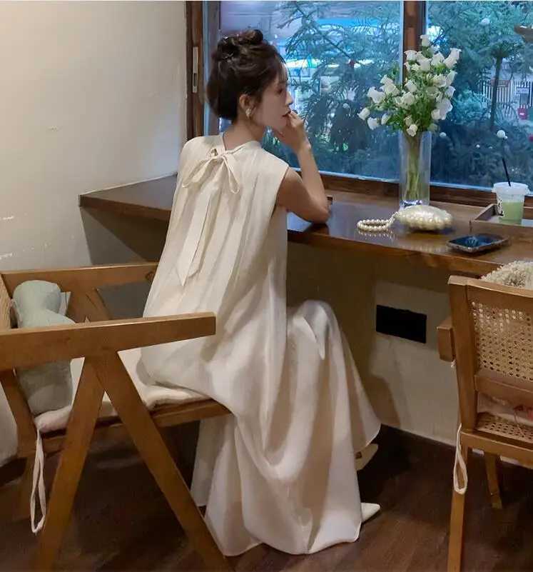 Summer 2024 maternity dress sleeveless Chinese style elegant pleated long dress loose maternity party dress bow W241026