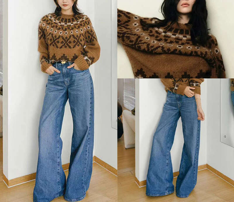 2024 Autumn/Winter Old Money Style Fair Island Jacquard Hooded Sweater For Women+Trumpet Jeans Two Piece Sets Womens Outifits